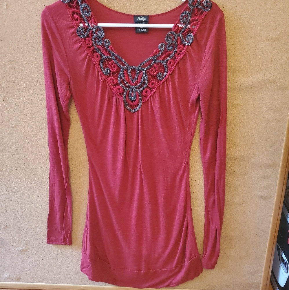 **LAST CHANCE** Red Long-sleeve Top with Neckline Detail